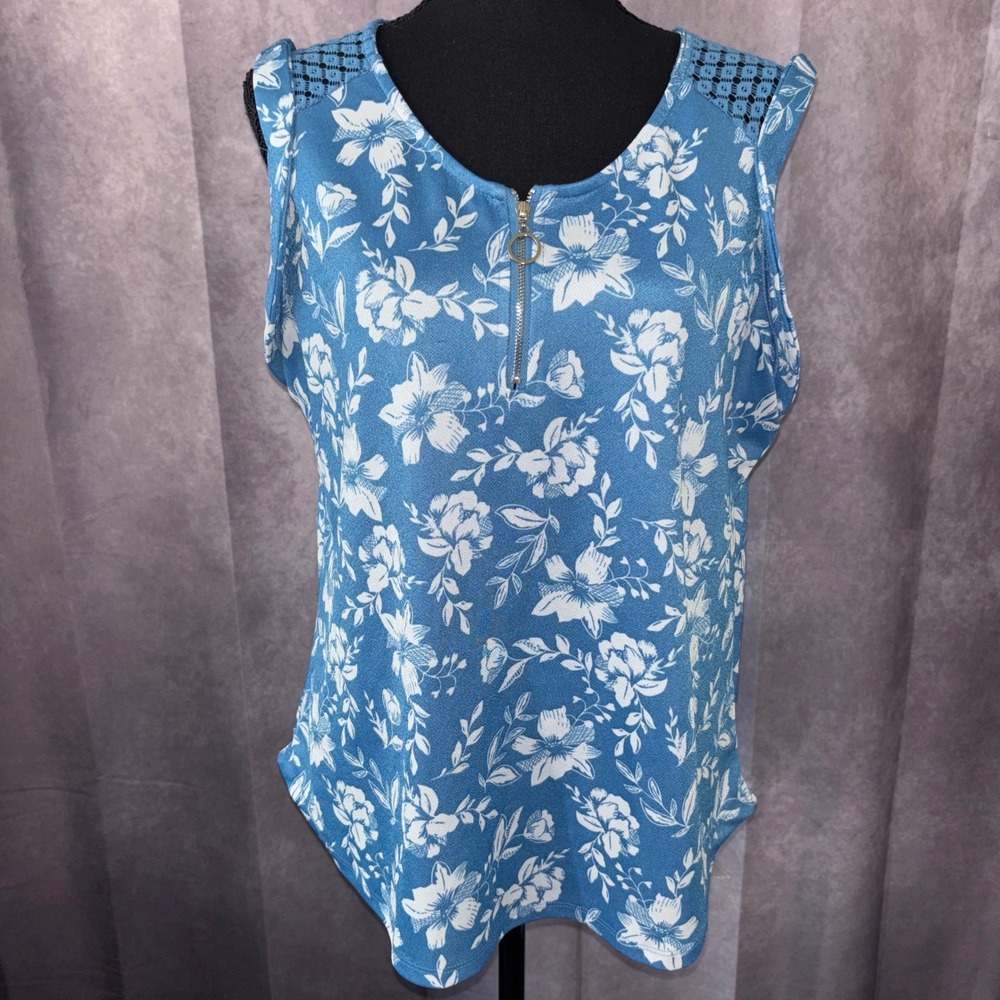 Daisy Fuentes Blue Floral Boho Lace Crochet 1/4 Zip Spring Women Large Top